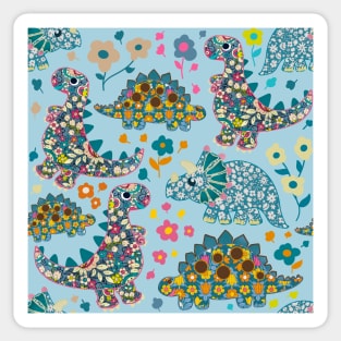 Vintage floral fabric dinosaurs with daisies on blue background Sticker